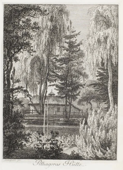 A black and white line engraving depicting a small, thatched-roof hut nestled among trees and shrubs, with a small fountain in the foreground and the label Pythagoras Hütte written in script at the bottom.