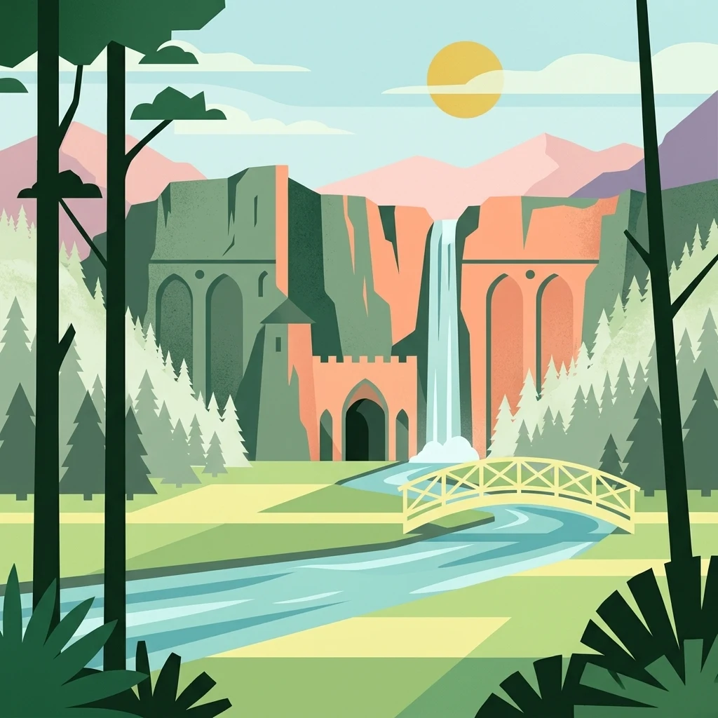 A graphic illustration depicting a fantasy-style castle with archways and battlements set against a cliff with a waterfall, a stone bridge crossing a river, and surrounding forest trees.