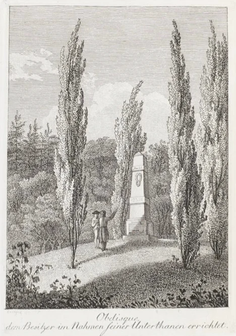 An 18th-century black and white engraving showing a stone obelisk surrounded by tall columnar trees in a park setting, with two figures standing nearby.