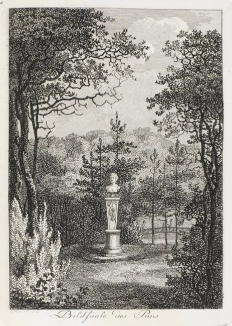 An antique black and white engraving showing a classical bust of Pan on a pedestal placed in a wooded landscape.