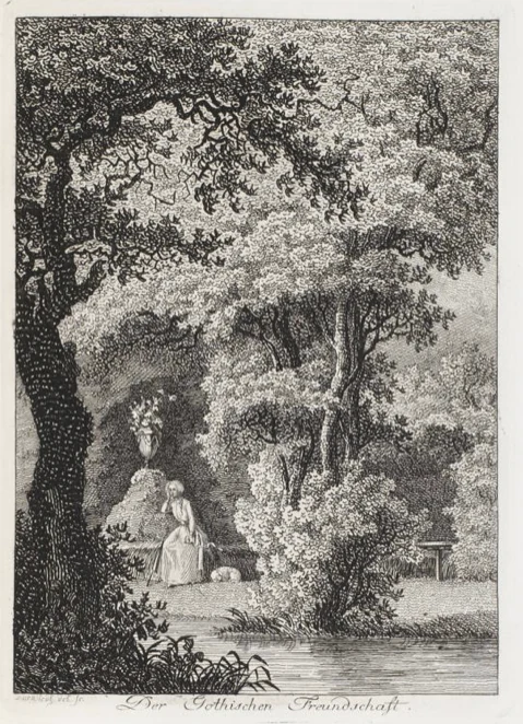 A black and white engraving showing a person sitting near a stone monument topped with a decorative urn within a wooded landscape.