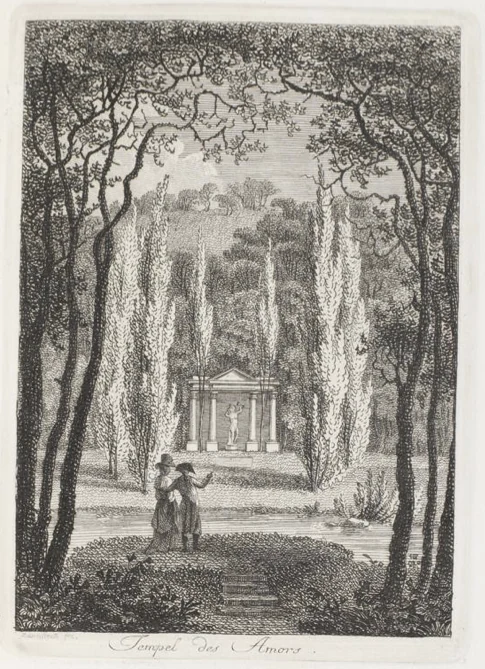 A black and white historical engraving showing the Temple of Amor in a garden setting, with two 18th-century figures standing in the foreground overlooking a small water feature.