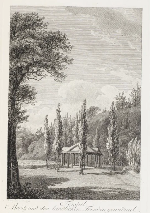A black and white historical engraving showing a classical gazebo-like temple surrounded by tall thin trees and a landscaped garden setting.