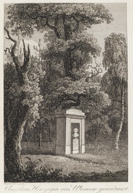 A black and white engraving showing a neoclassical memorial monument with a bust situated in a wooded forest clearing.