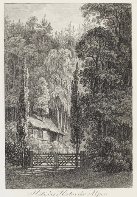A detailed 18th century black and white copper engraving depicting a rustic, thatched roof hut partially obscured by dense forest and two prominent, slender trees in the foreground, with a simple wooden gate in front.
