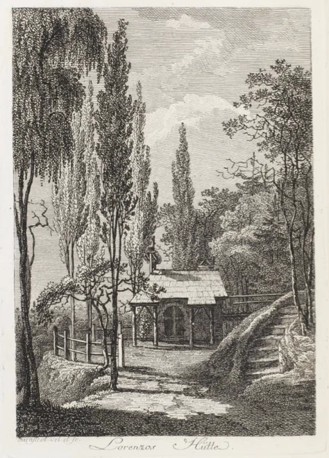 A black and white engraving of a rustic small hut nestled among tall trees and garden paths.