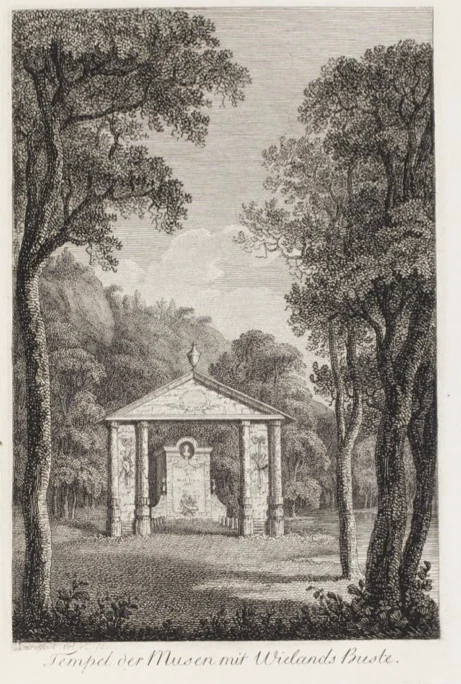 A black and white historical copperplate engraving of an open-air classical structure, the Temple of the Muses, nestled among trees in Seifersdorfer Tal.