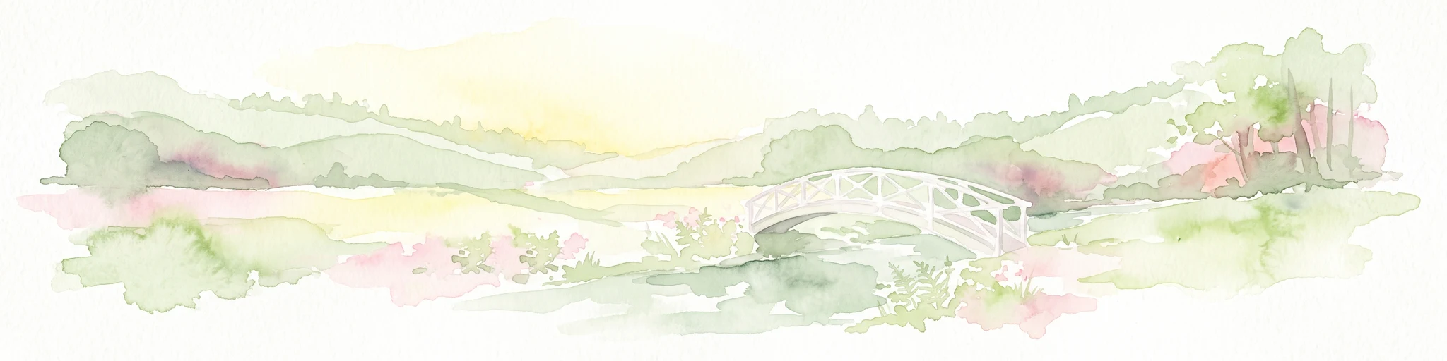 Una pintura acuarelada pálida y suave que representa un pequeño puente arqueado cruzando un arroyo sereno dentro de un valle verde ondulado.
