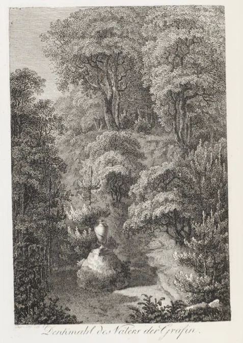 A black and white historical engraving showing a stone urn monument set in a dense, wooded garden landscape in Seifersdorfer Tal.