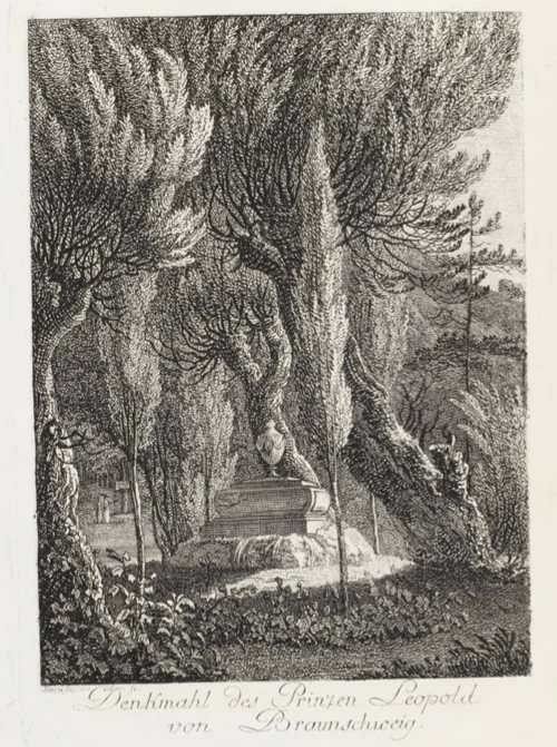 A black and white line engraving of a stone monument placed beneath tall, dense trees in a park-like setting.