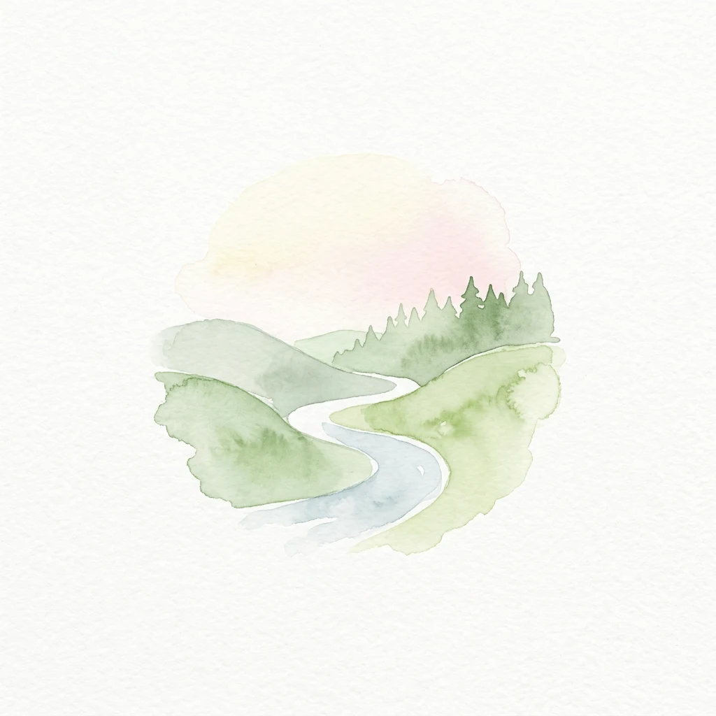 Watercolor painting of a winding river flowing through green hills with a forested ridge under a soft pink and yellow sky
