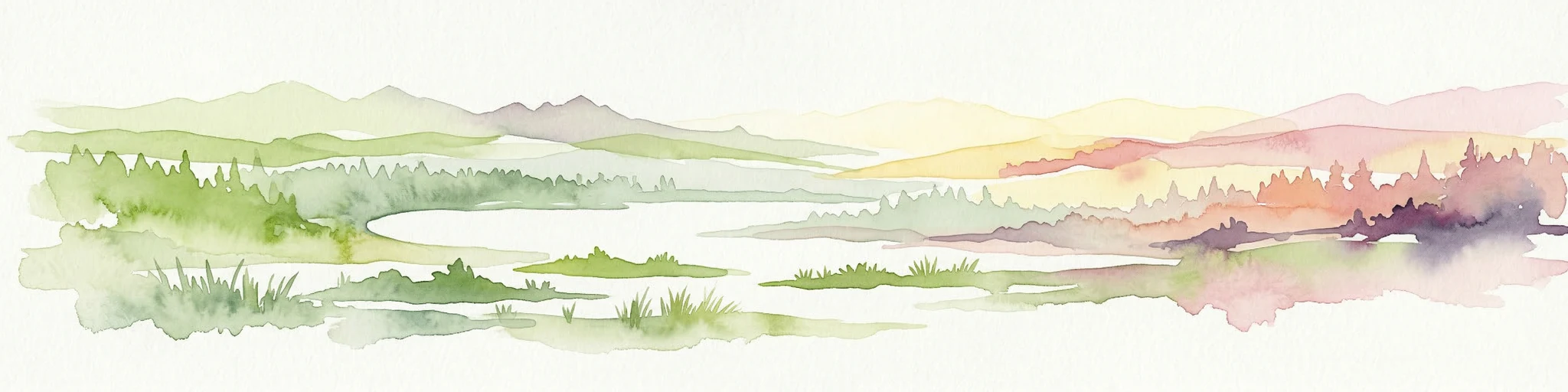 Pintura al acuarela de un lago rodeado de árboles con un cielo colorido.