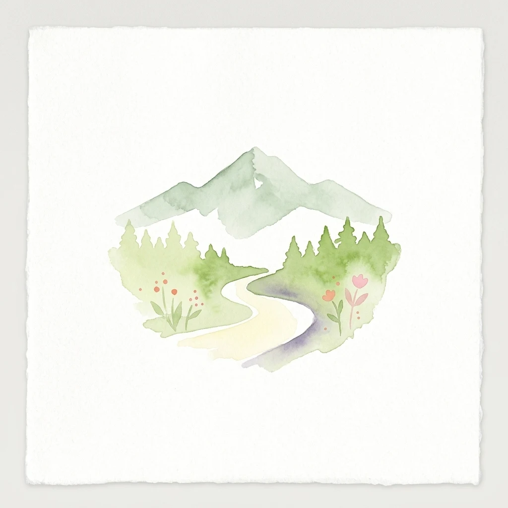 Watercolor illustration showing a winding path through a forested mountain landscape with flowers and trees