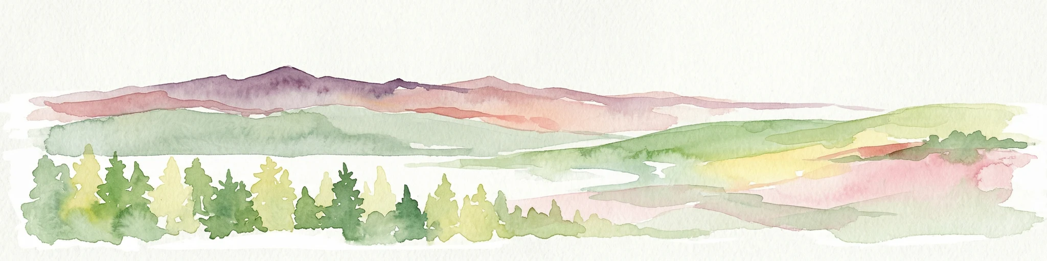 Watercolor illustration of a landscape with mountains, forests, and a body of water