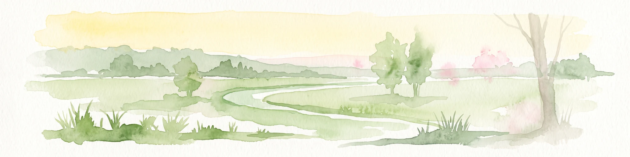 A pale, soft-toned watercolor illustration of a winding stream moving through a grassy meadow with scattered trees and distant hills.
