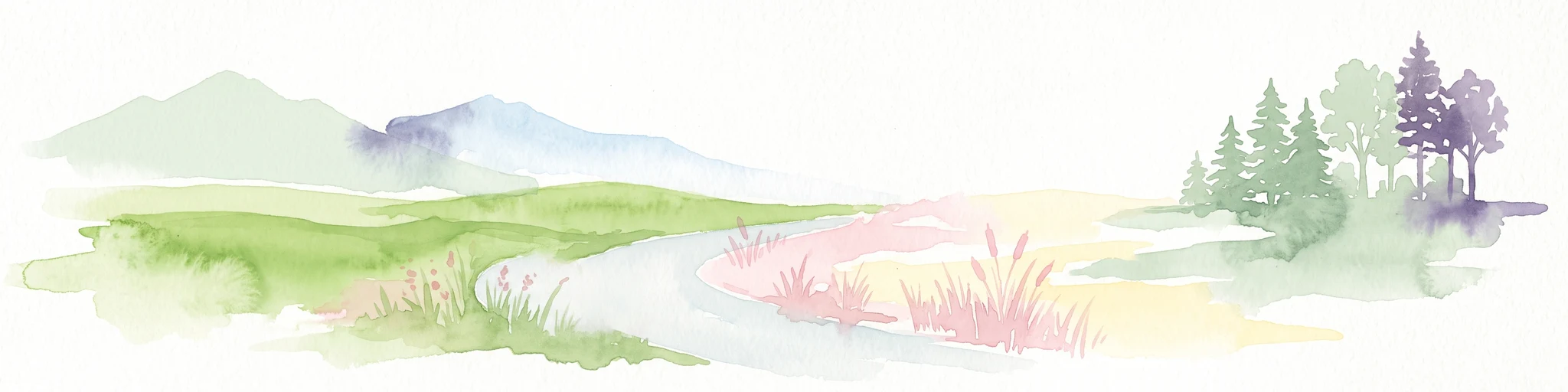 A soft watercolor illustration featuring rolling green hills, a small grouping of trees on the right, and open grassy terrain on a white background.