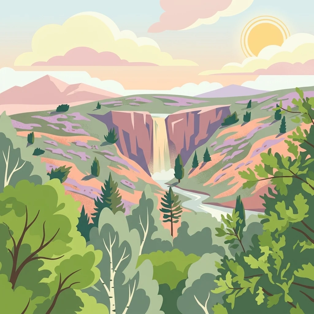 Una ilustración digital colorida que muestra un paisaje de valle en terrazas con una cascada central, árboles coníferos, colinas onduladas y un sol brillante en el cielo.