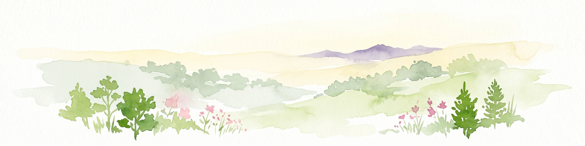 Watercolor painting of a soft, hazy landscape with stylized evergreen trees and wildflowers in the foreground and rolling hills in the background.
