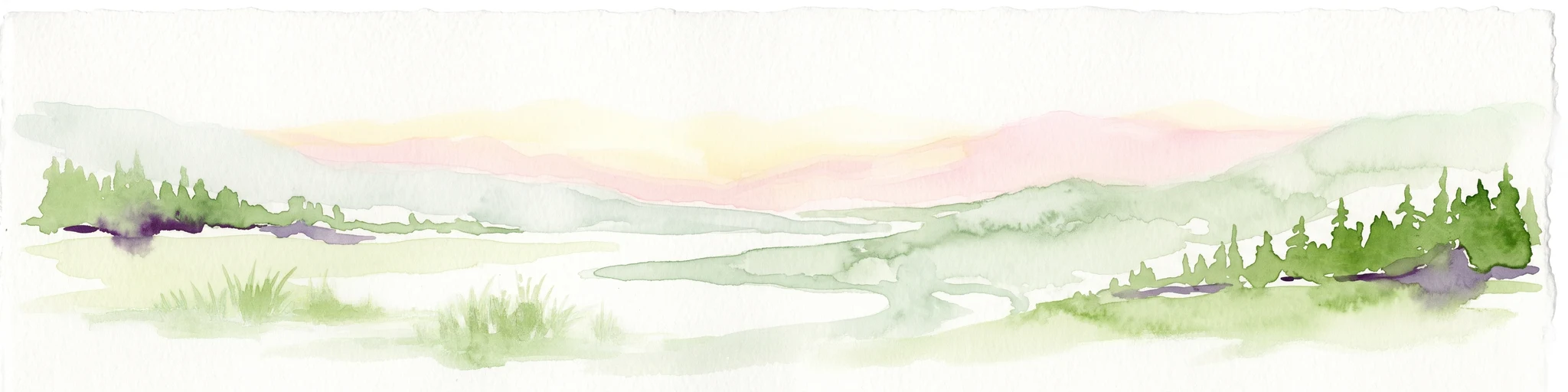 Watercolor painting of a panoramic mountain landscape with stylized pine trees and soft green meadows.