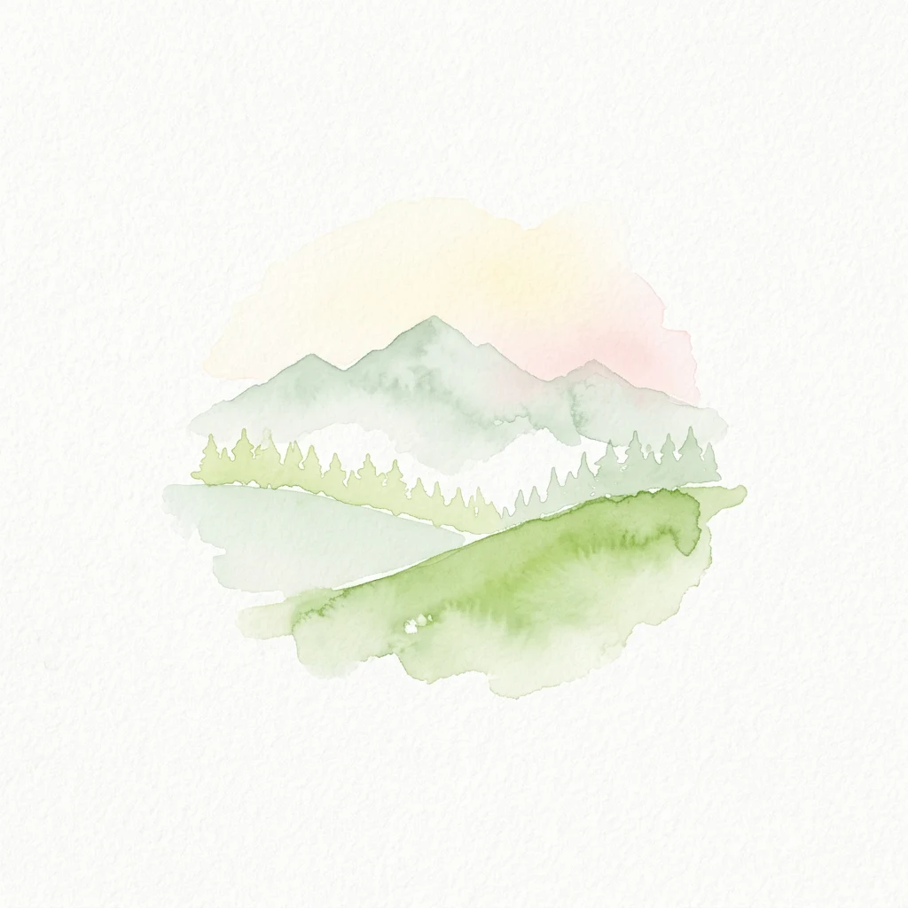 Watercolor illustration showing green hills, a mountain range, and a soft gradient sky with pink and yellow hues