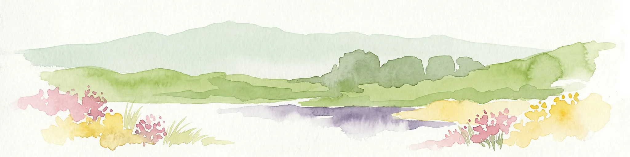 Ilustración en acuarela de un paisaje con montañas verdes, un cuerpo de agua y flores silvestres de colores en primer plano