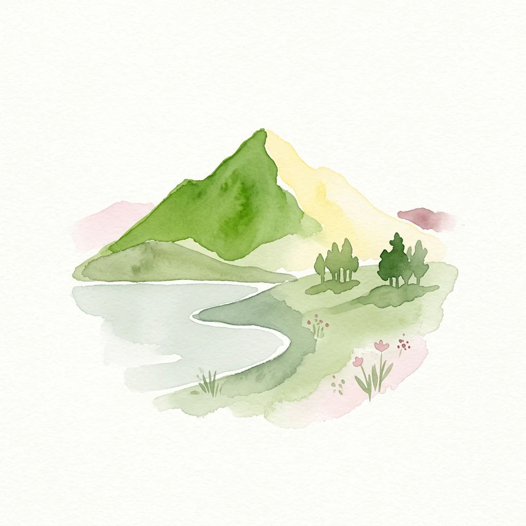 Watercolor illustration of a mountain with a lake, trees, and flowers