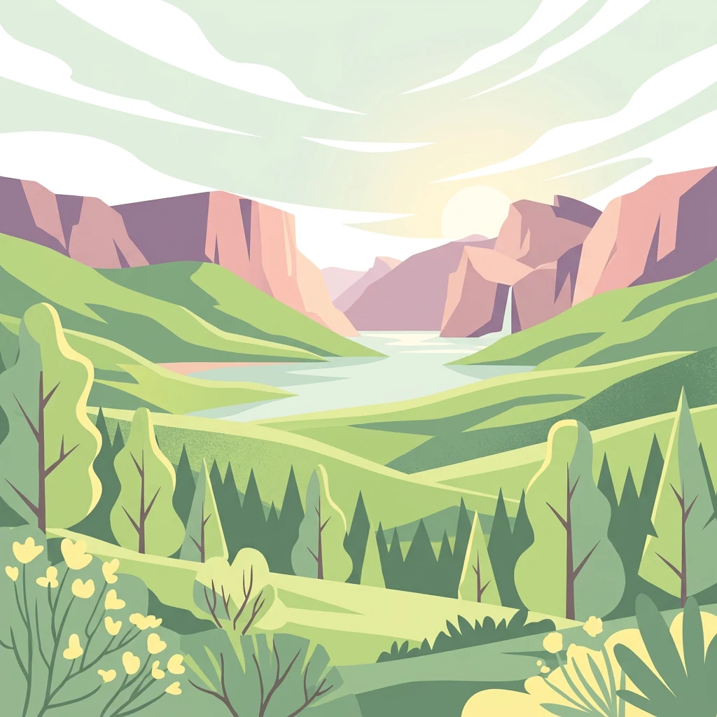 Ilustración estilizada de montañas verdes, un río y valles boscosos bajo un cielo parcialmente nublado