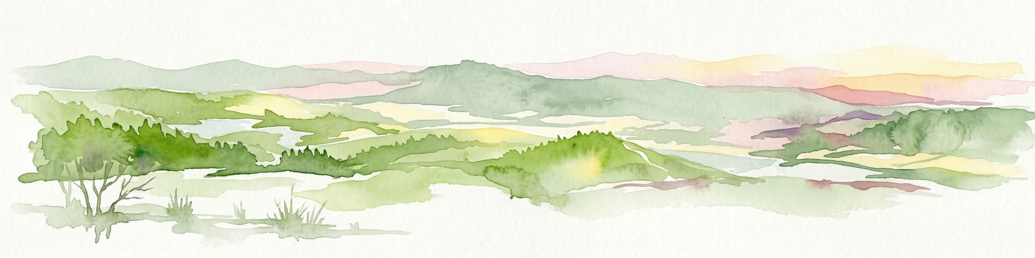 Ilustración en acuarela de un paisaje con colinas verdes, árboles dispersos y montañas distantes bajo un cielo rosa y amarillo