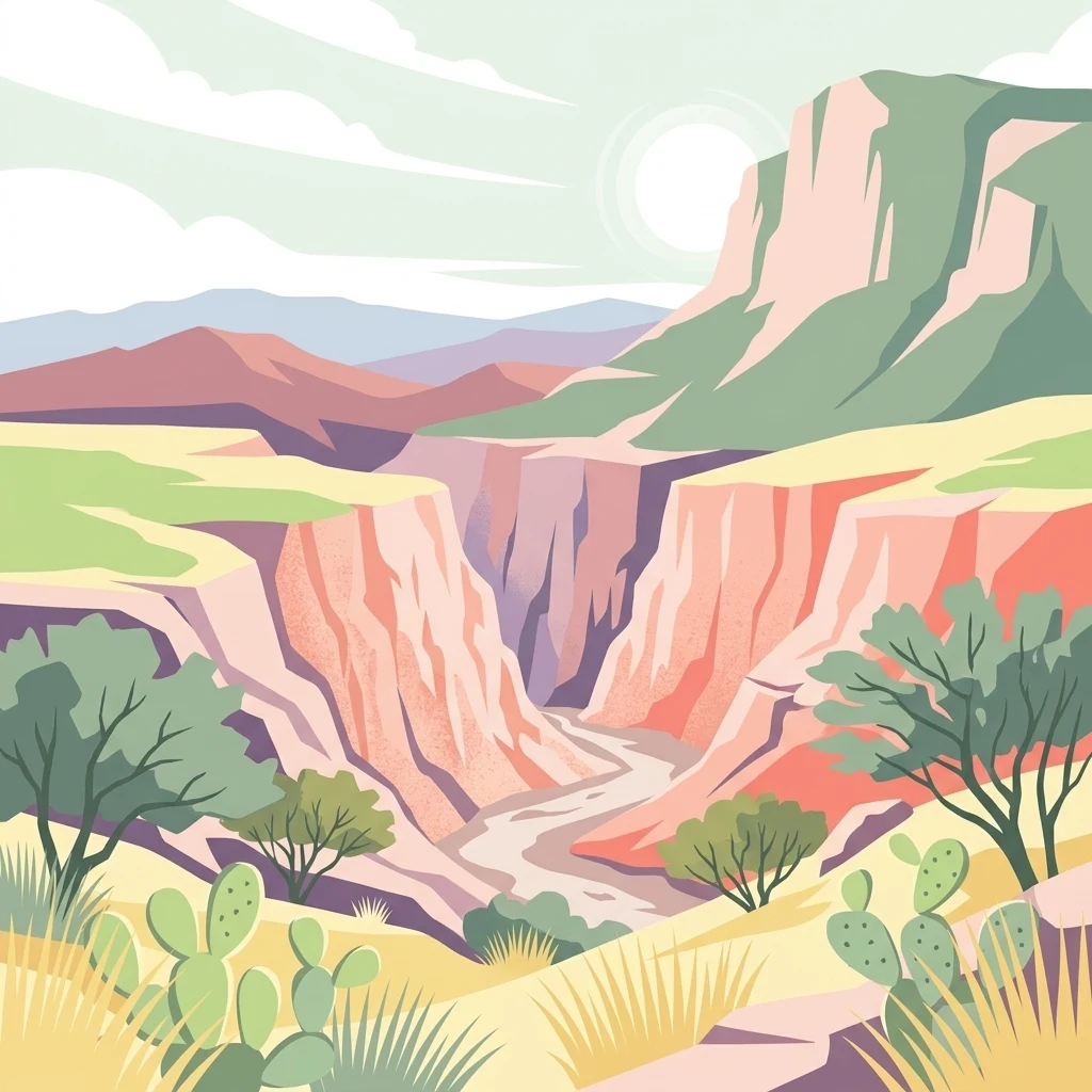 A digital illustration of a desert canyon landscape with rocky cliffs, sparse trees, and cacti in the foreground under a pale sky.