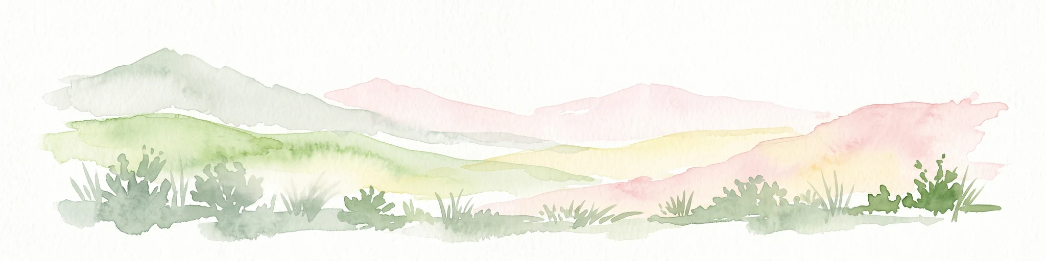 Watercolor painting of a mountain range featuring gentle slopes and low-lying shrubs against a white background.