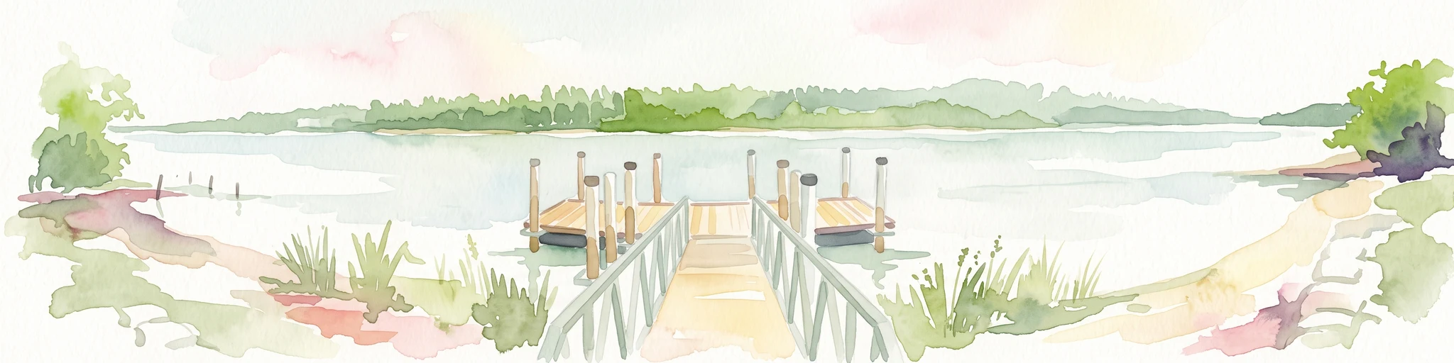 A watercolor illustration of a wooden pier extending into calm wetland waters, with lush green shorelines and trees on both sides.