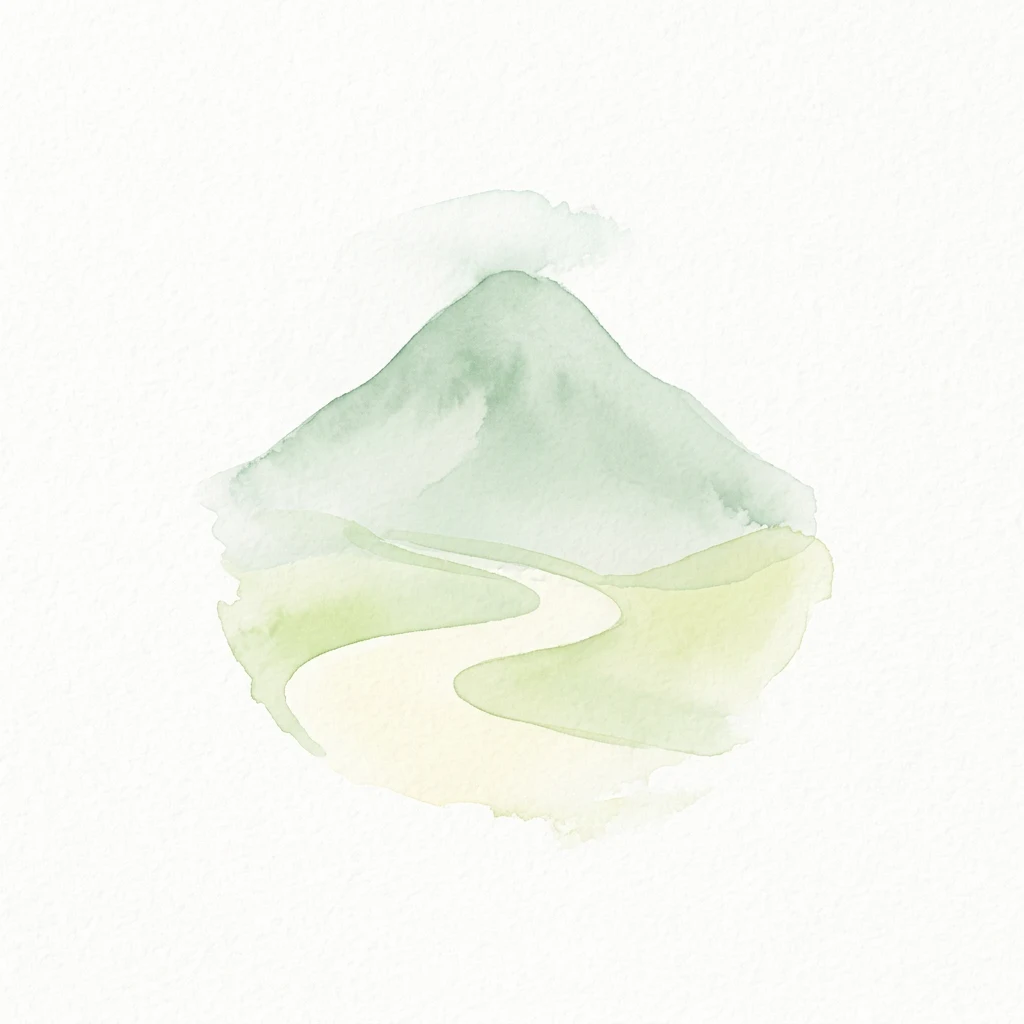 Pintura de acuarela de una montaña verde con un camino sinuoso a través de colinas onduladas