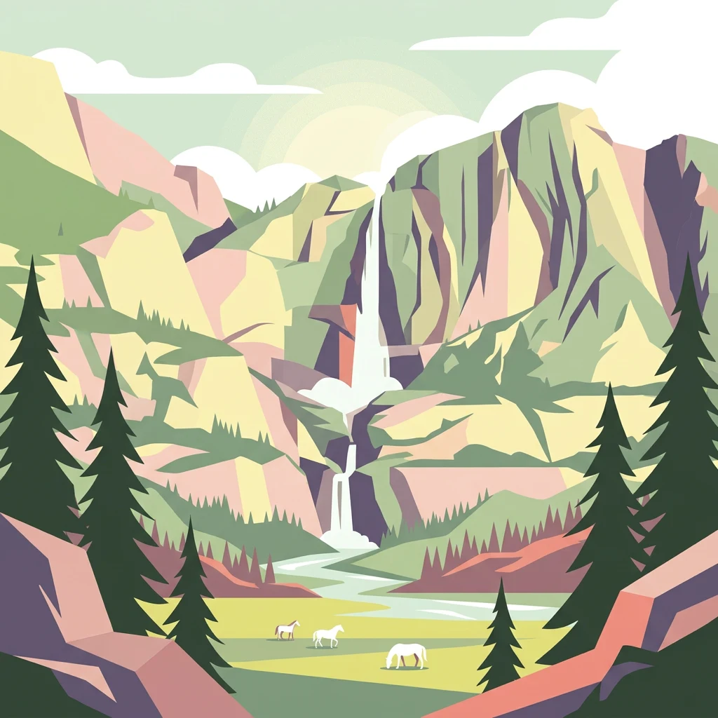 Ilustración estilizada de un paisaje montañoso con una cascada, pinos y tres animales blancos en un prado