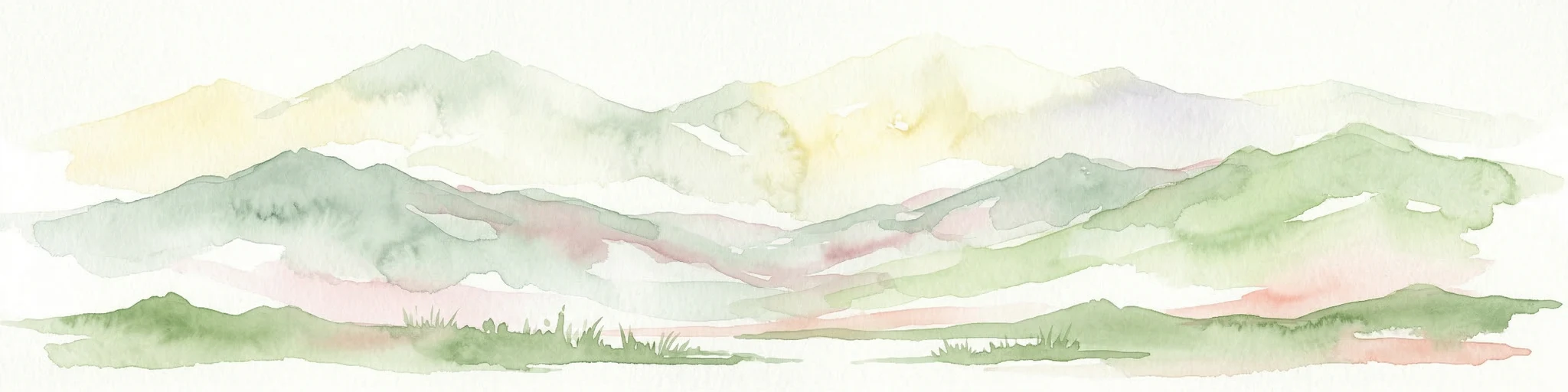 Pintura de acuarela de montañas superpuestas con tonos verdes, amarillos y rosas.