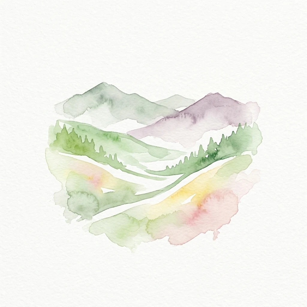 Watercolor illustration of mountains, forests, and valleys with soft pastel colors