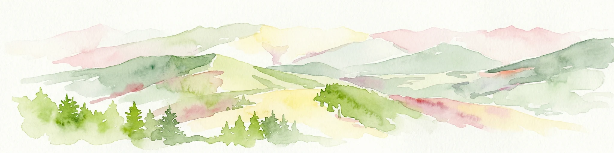 Pintura acuarela de montañas onduladas con bosques verdes y colinas de colores pastel