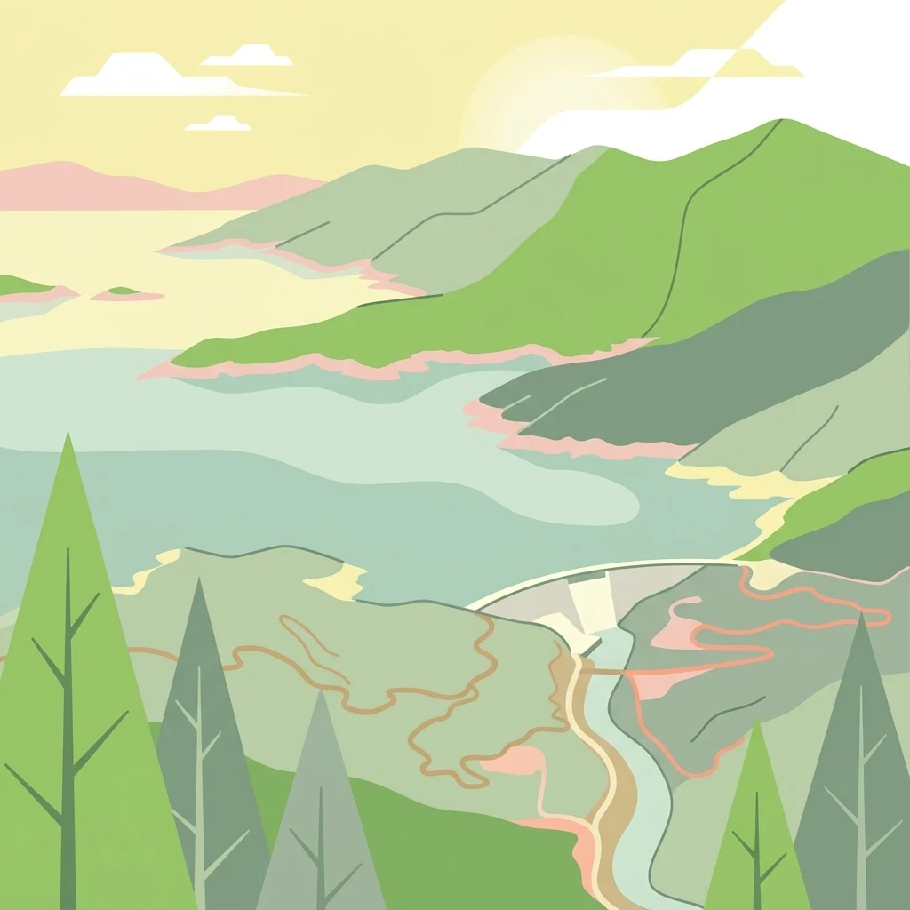 A stylized vector illustration of a reservoir, dam, and surrounding green mountains under a soft sun.