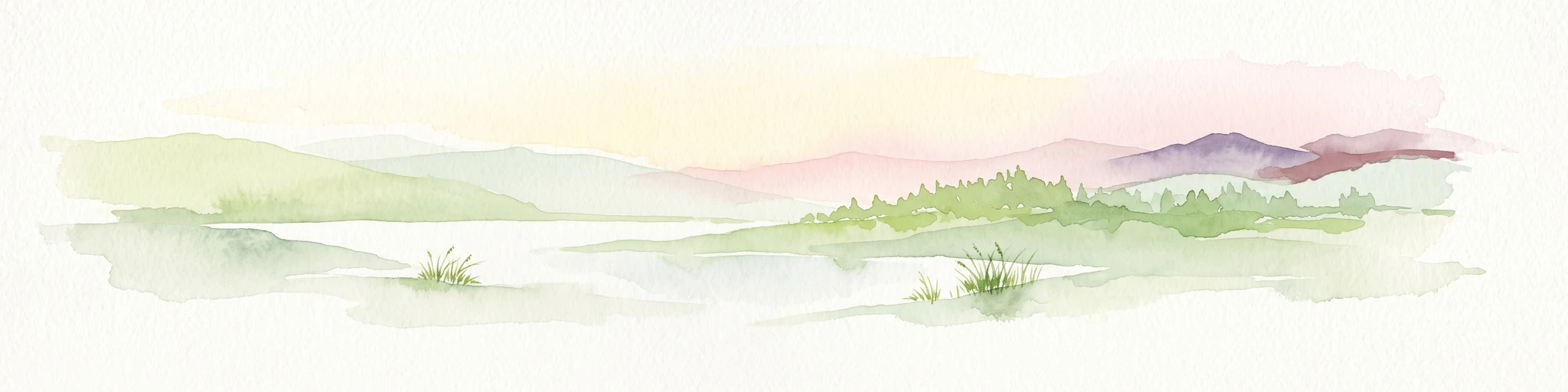A soft watercolor painting depicting a serene landscape with gentle green hills, a small forest, and a calm lake at sunrise or sunset.