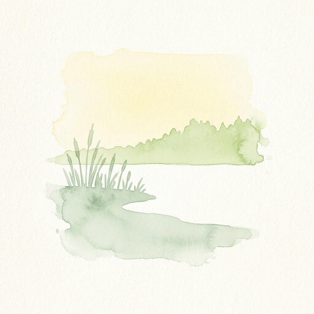 Watercolor illustration of a lake with grasses in the foreground and trees in the background