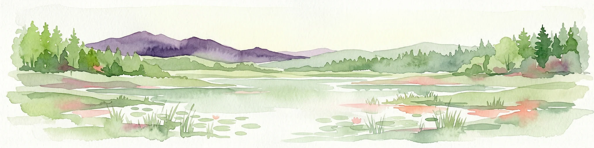 Representación en acuarela de un lago con juncos, una orilla boscosa y montañas distantes