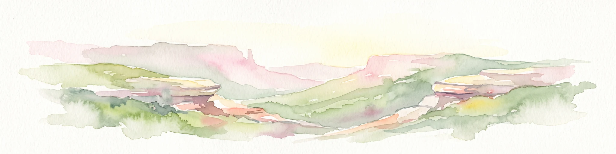 Watercolor painting of a wide, rolling landscape featuring layered sandstone bluffs and green forested hills against a light background.