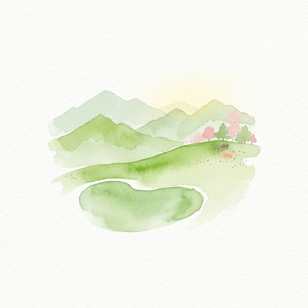 Ilustración en acuarela de montañas verdes, un lago y árboles.