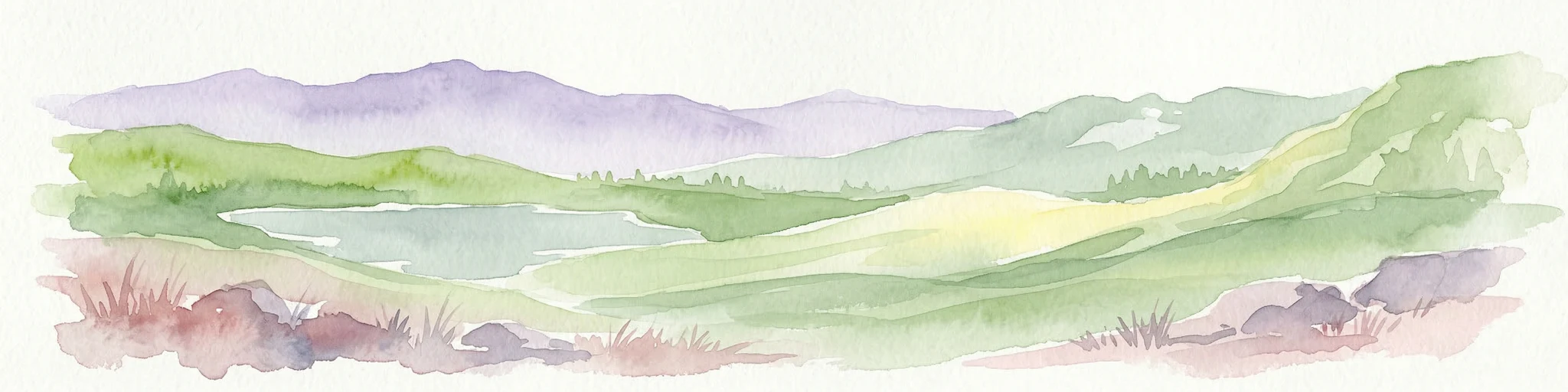 Ilustración en acuarela de montañas, un lago y colinas onduladas con vegetación herbácea.