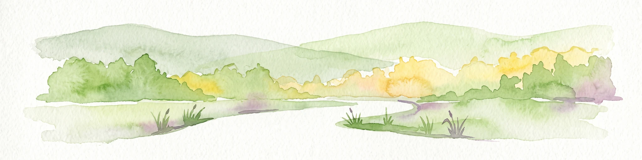 A horizontal watercolor illustration showing soft, green rolling hills, a central path or waterway, and marshy grasses in the foreground.