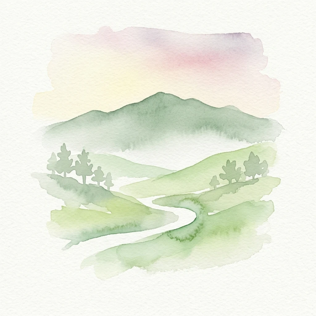 Watercolor illustration of rolling green hills with a winding path and mountain background under a colorful sky