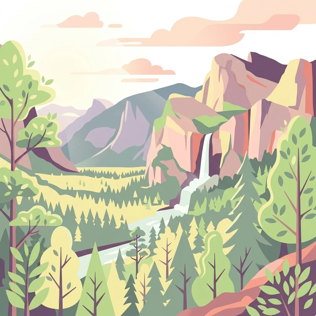 Ilustración que muestra montañas, bosque, cascada y río en un paisaje pintoresco