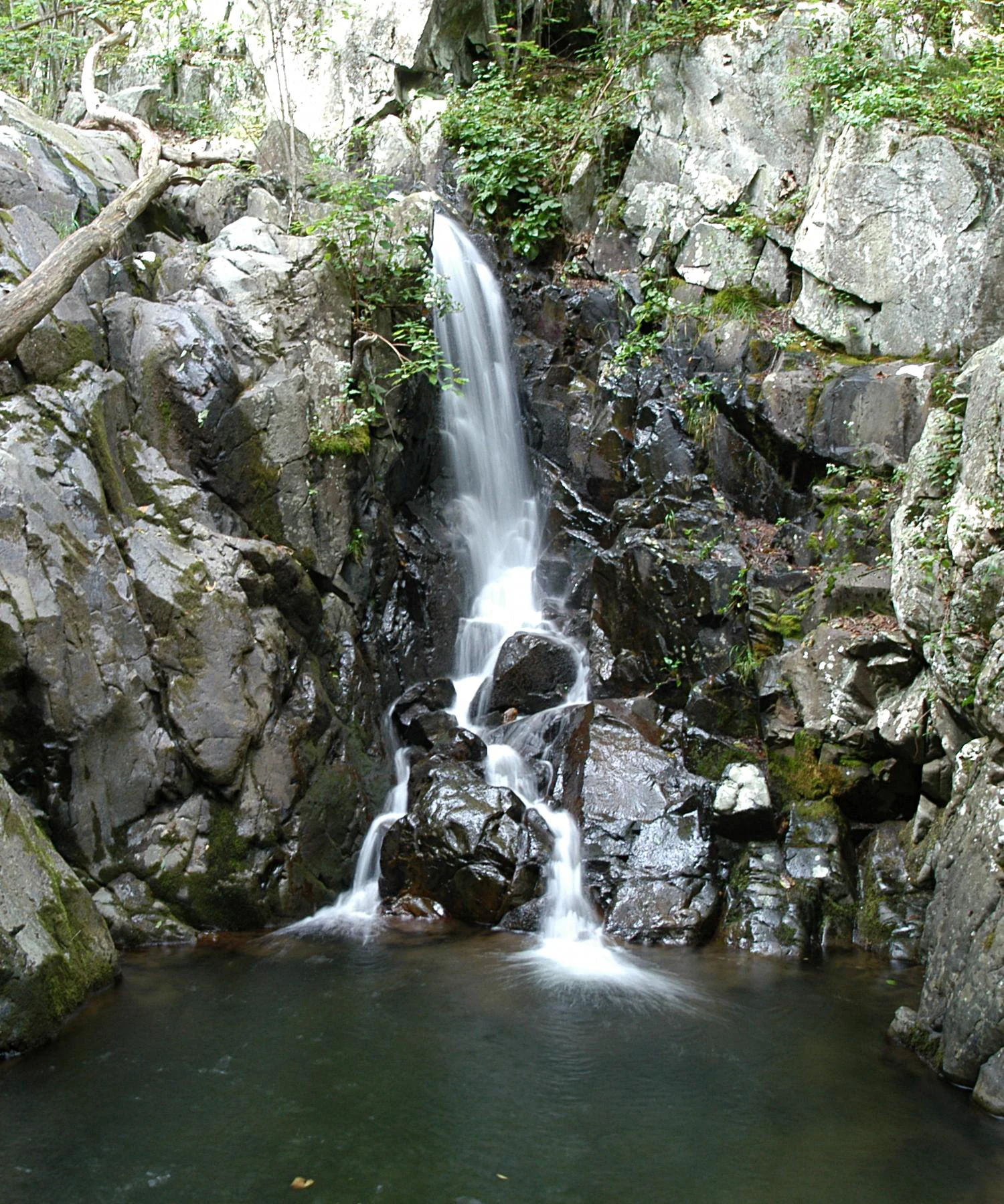 Waterfall flowing over moss-covered rocks into a calm pool surrounded by greenery
