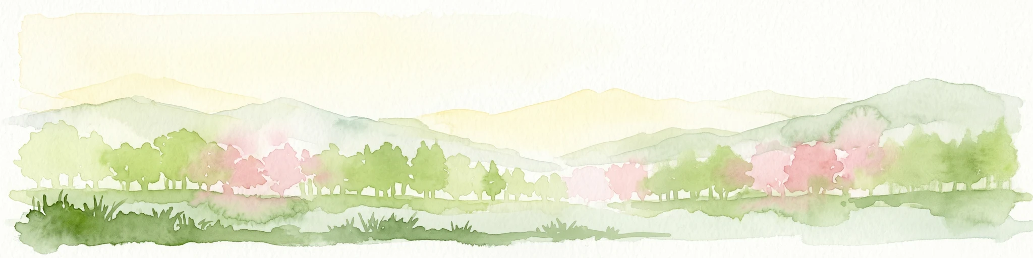 Watercolor painting of rolling hills, trees, and a river in a scenic landscape