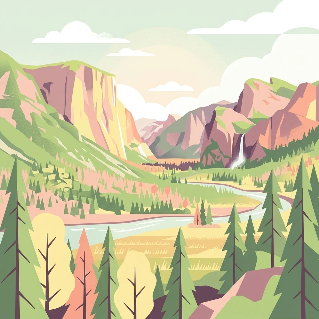 A flat-style digital illustration depicting a valley with steep rocky cliffs, a winding river, a waterfall, and a coniferous forest in the foreground.