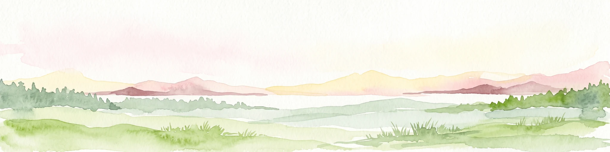 Watercolor painting of a coastal landscape with green marshlands in the foreground, water, and soft, warm-toned rolling hills in the background.